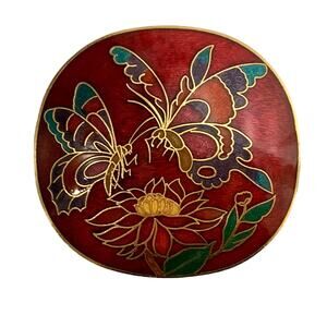 70s Cloisonné Belt Buckle | Red and Gold Butterfly & Flowers | 2.25" x 2.25"